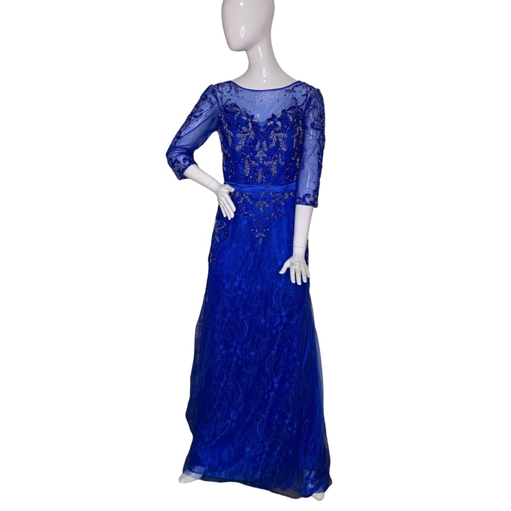 Royal Blue Maxi Dress 3/4 Sleeve High Low Beadwork Sheer Mesh Sleeves Size Small